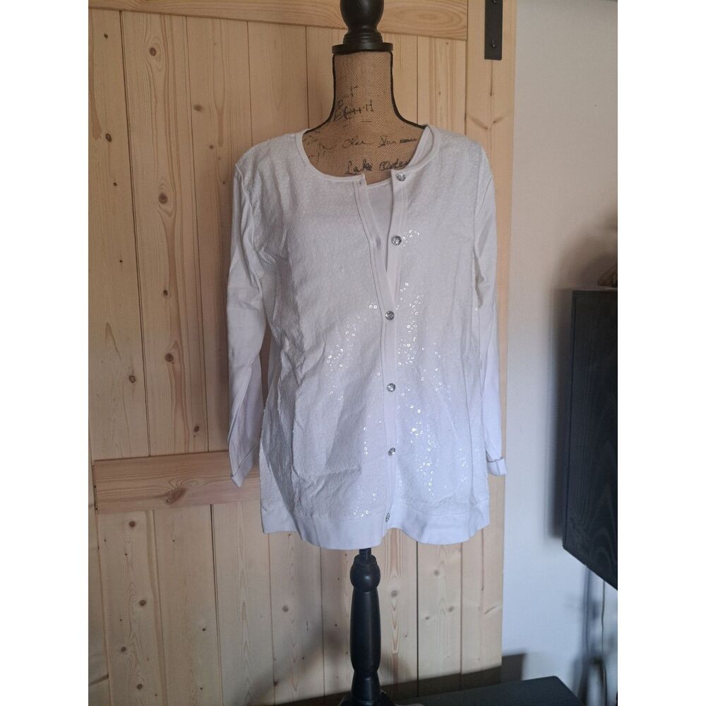 NEW Winter White Quaker factory Cardigan & attached Tee Crystal Buttons Large